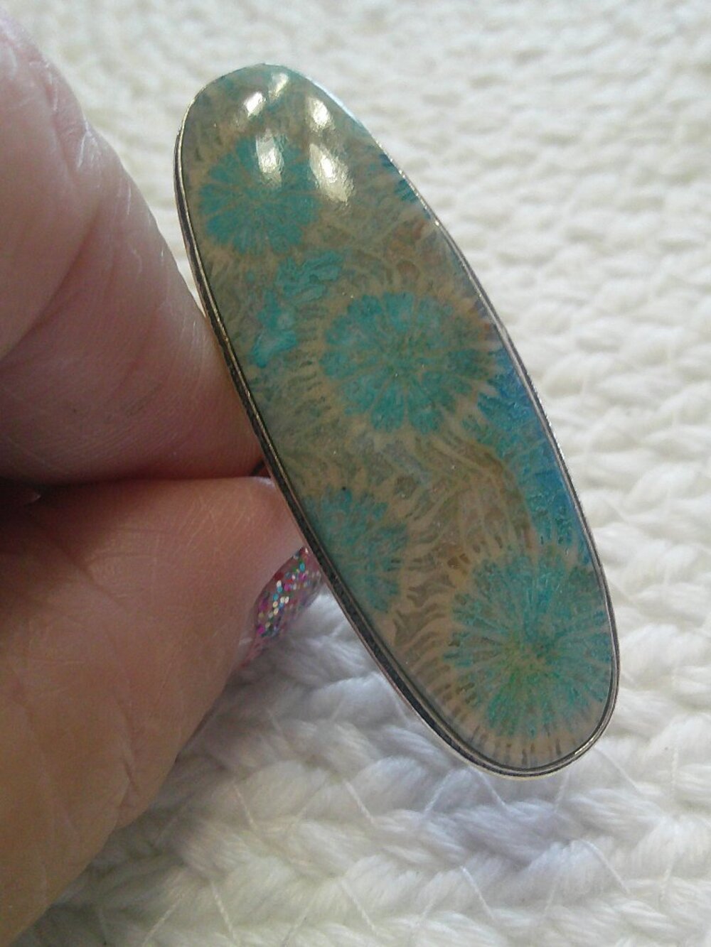 Gorgeous BLUE FOSSIL CORAL Handmade Sterling 925 Ring Size 12 #382F